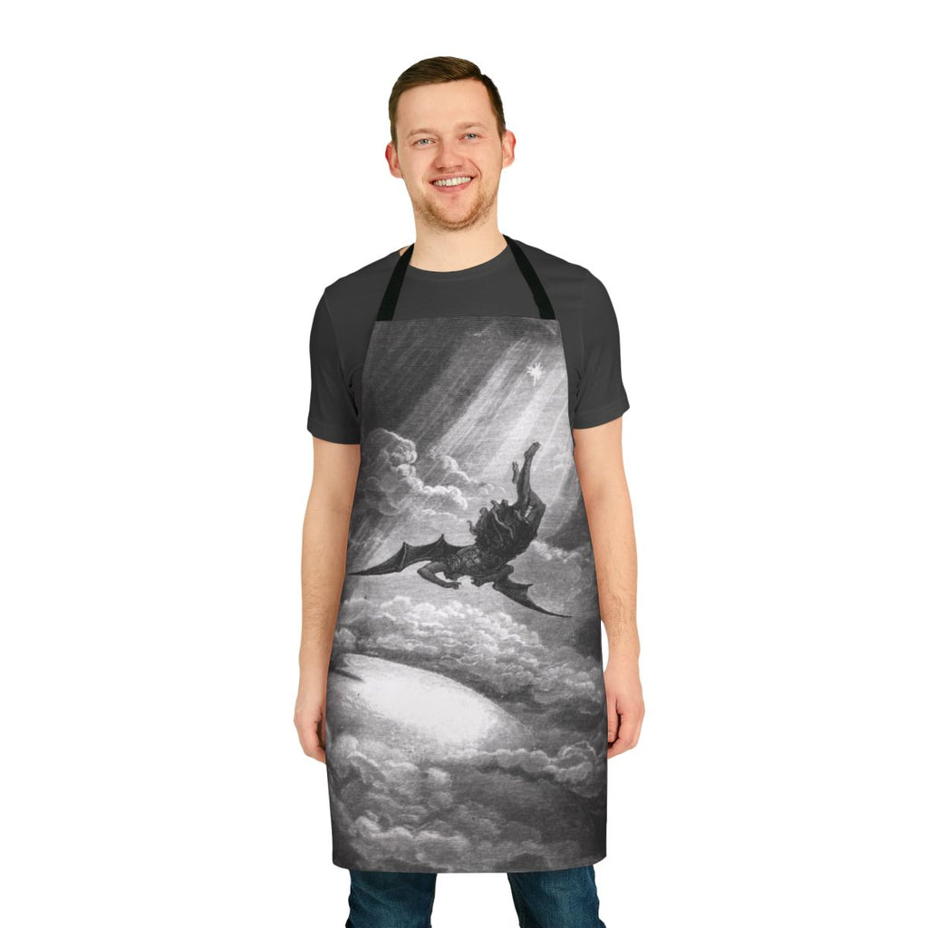 Apron featuring a black and white woodcut artwork of the fallen angel Lucifer from Gustave Dore's illustrations of Paradise Lost.