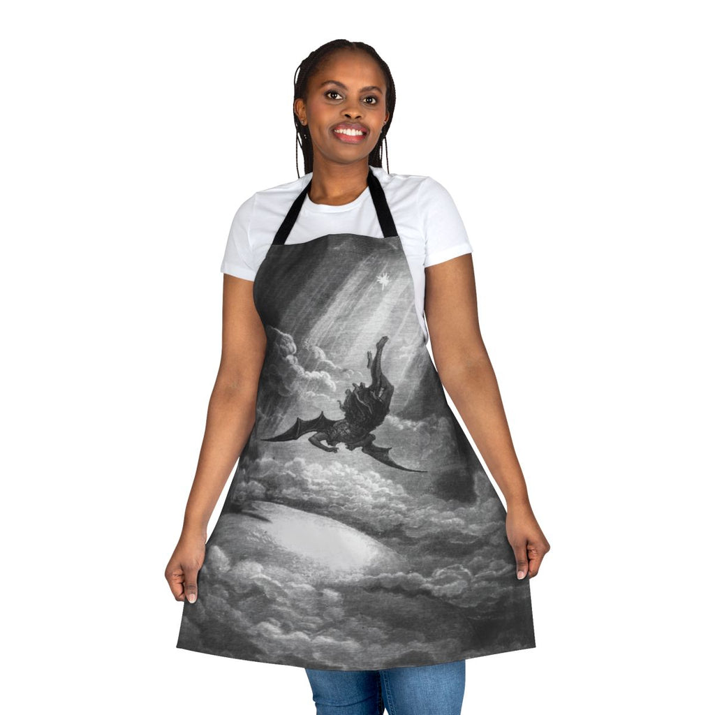 Apron featuring a black and white woodcut artwork of the fallen angel Lucifer from Gustave Dore's illustrations of Paradise Lost.