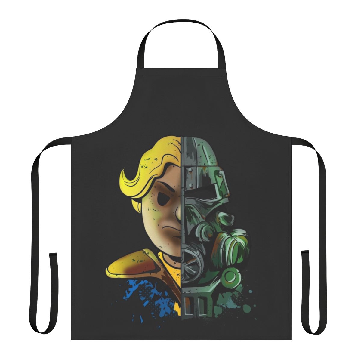 Fallout-themed apron with vault boy and brotherhood of steel logos