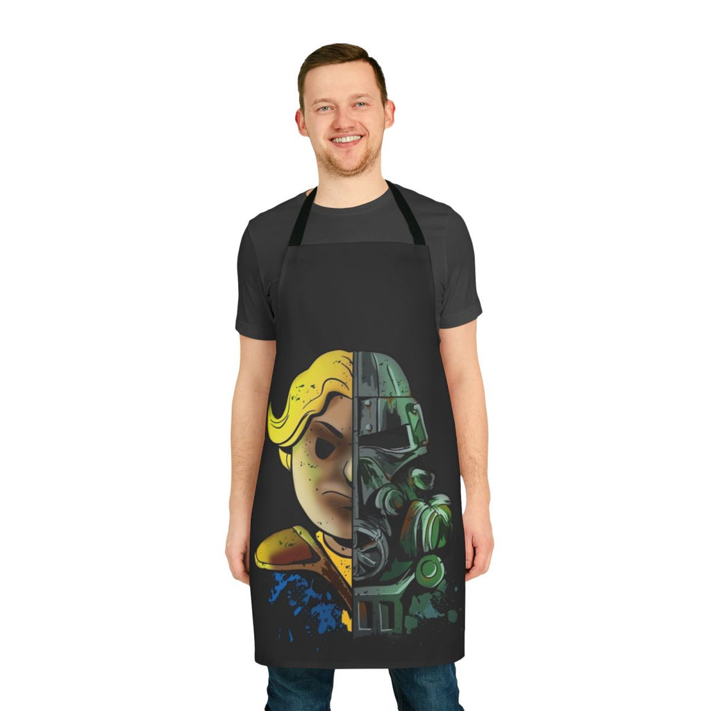 Fallout-themed apron with vault boy and brotherhood of steel logos