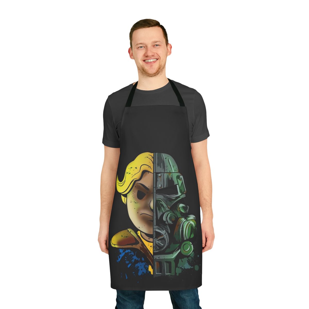 Fallout-themed apron with vault boy and brotherhood of steel logos