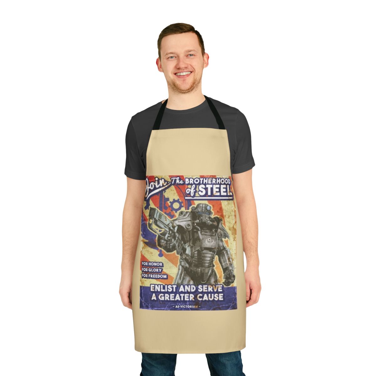 Fallout-themed apron featuring the iconic Brotherhood of Steel logo and design