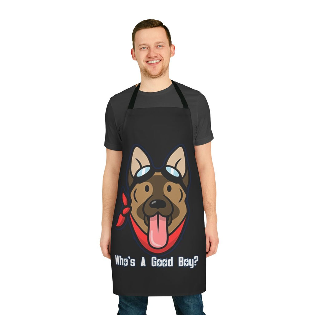A high-quality apron featuring a Fallout-inspired "Who's a Good Boy?" design, perfect for dog owners and gaming enthusiasts.