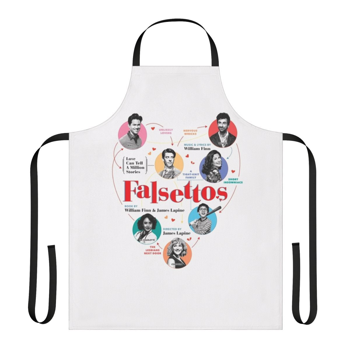 Falsettos-inspired musical theatre apron featuring iconic characters from the Broadway production