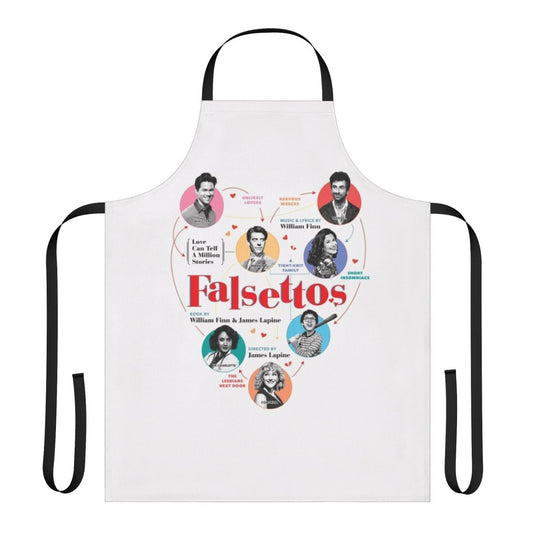 Falsettos-inspired musical theatre apron featuring iconic characters from the Broadway production