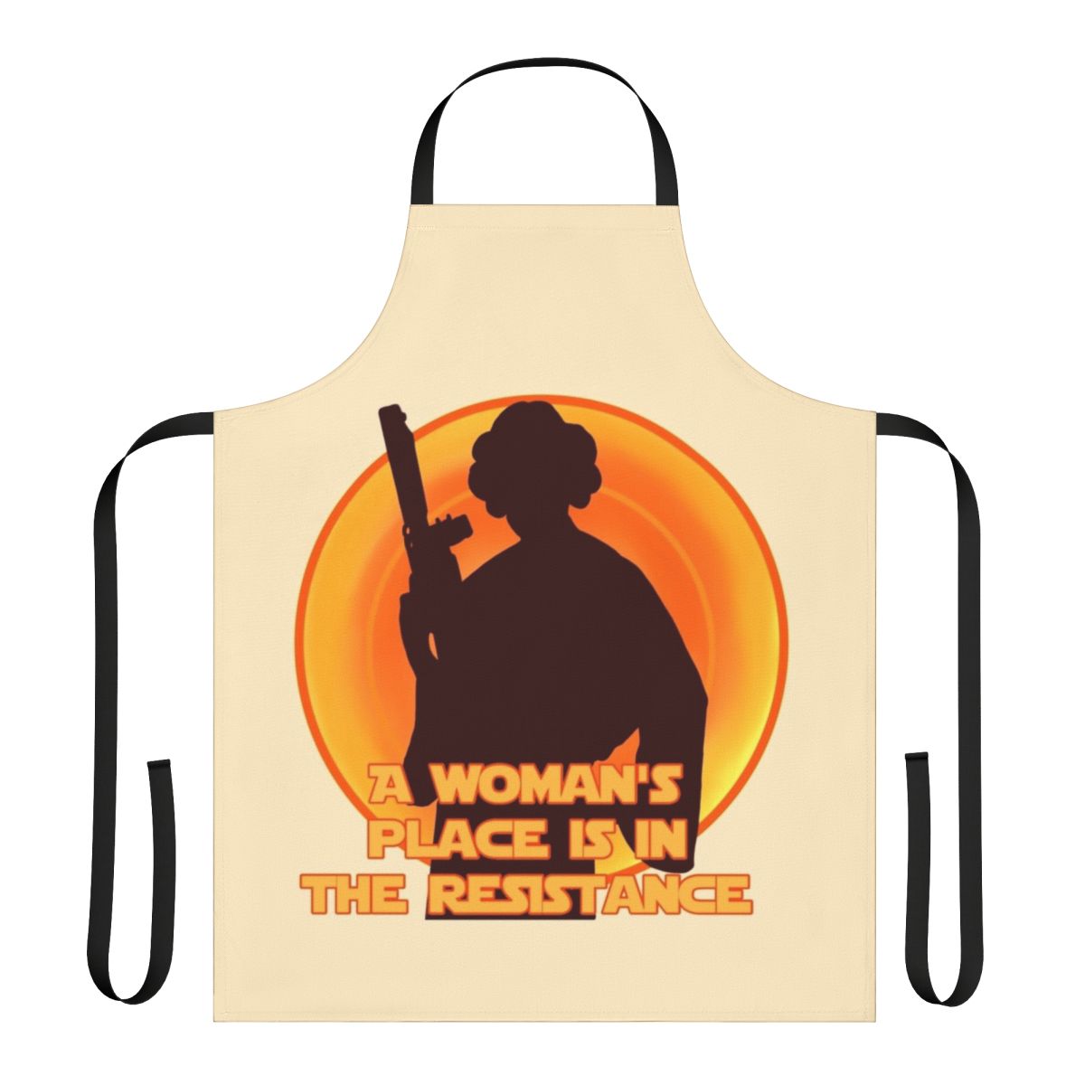 A black apron featuring a vampire cat, perfect for Halloween or any day.