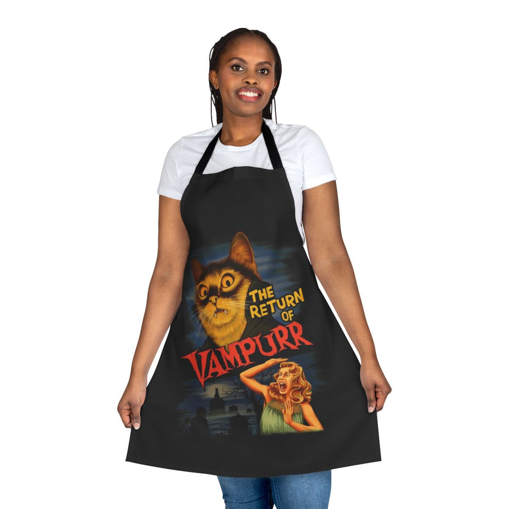 A black apron featuring a vampire cat, perfect for Halloween or any day.