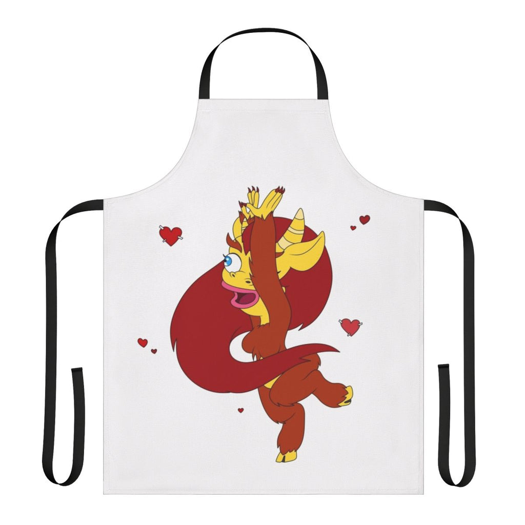 A white apron with a design featuring the character Connie from the Netflix show Big Mouth.