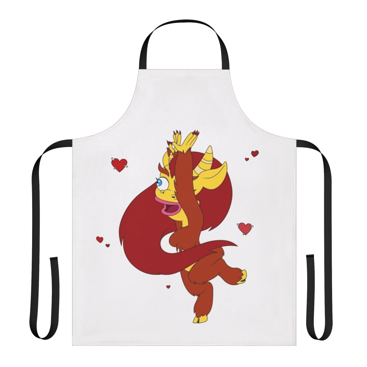 A white apron with a design featuring the character Connie from the Netflix show Big Mouth.