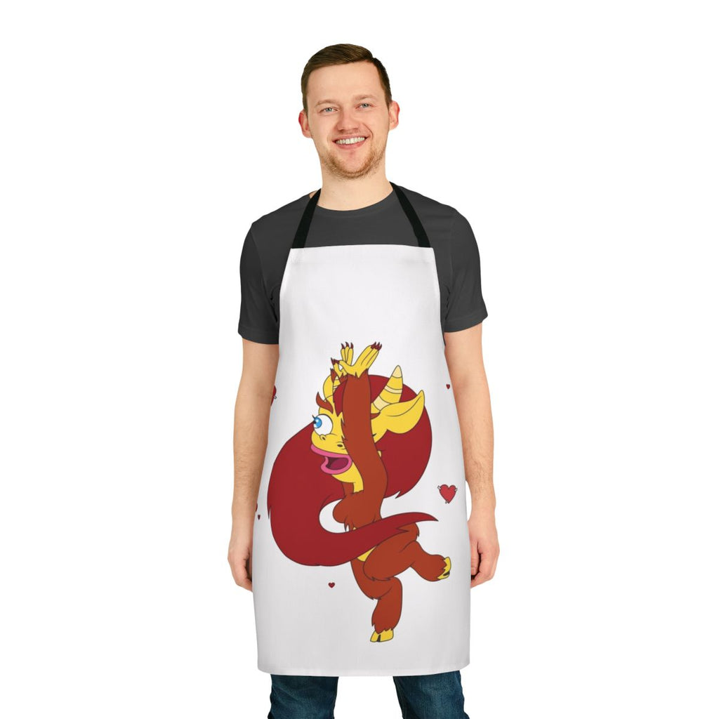 A white apron with a design featuring the character Connie from the Netflix show Big Mouth.