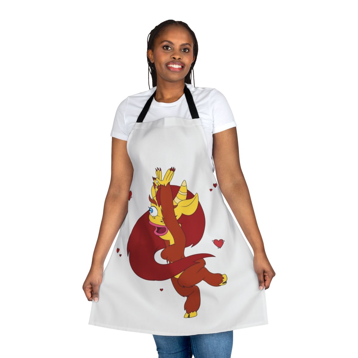 A white apron with a design featuring the character Connie from the Netflix show Big Mouth.