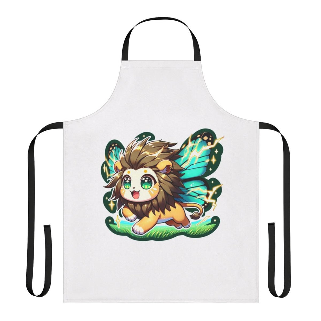 An electrifying apron featuring a legendary lion with butterfly wings, against a backdrop of lightning and fantasy elements.