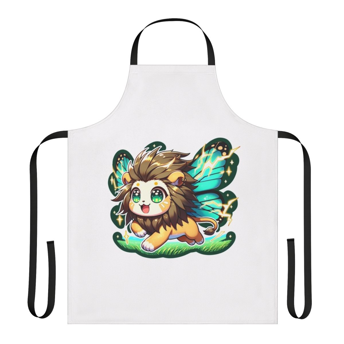 An electrifying apron featuring a legendary lion with butterfly wings, against a backdrop of lightning and fantasy elements.