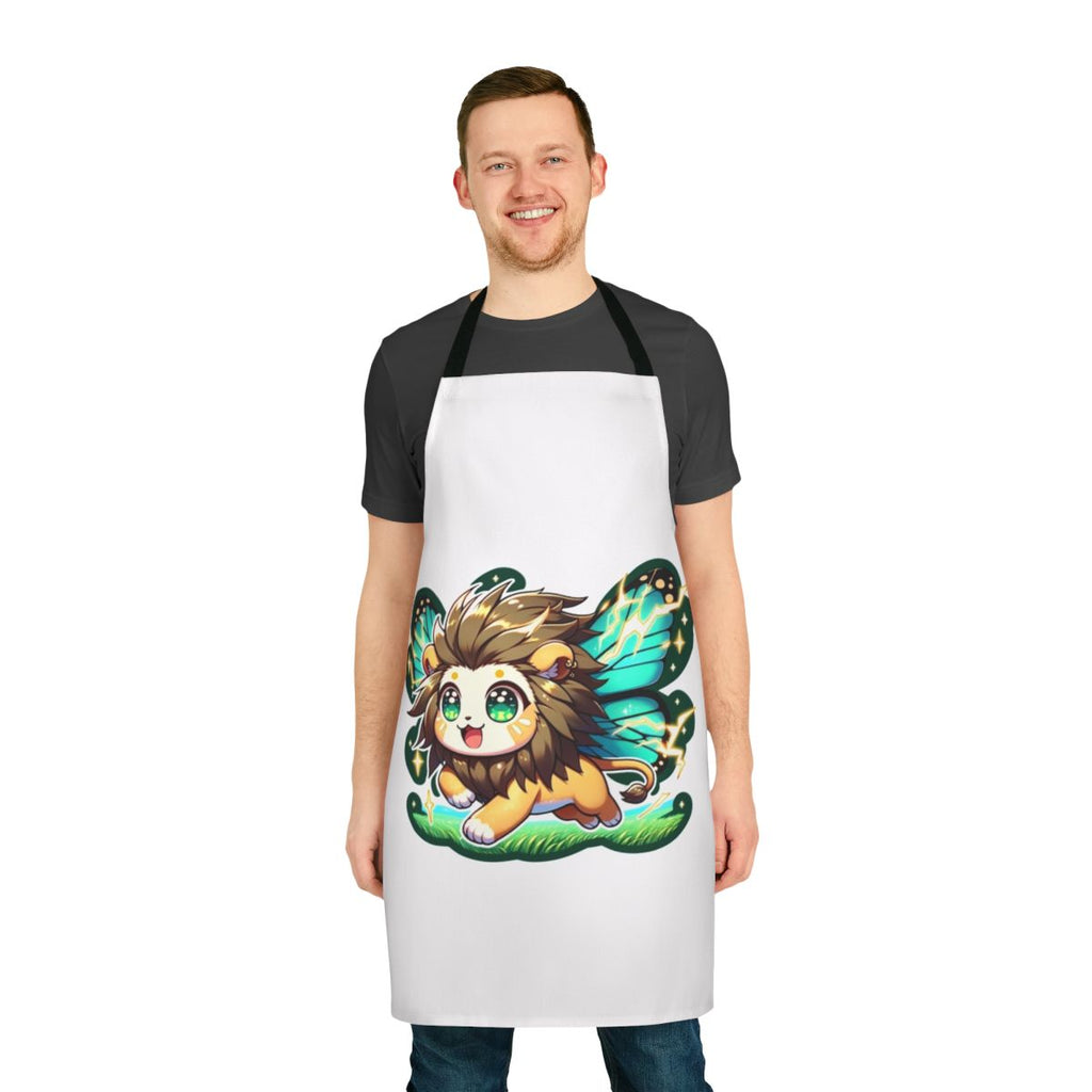 An electrifying apron featuring a legendary lion with butterfly wings, against a backdrop of lightning and fantasy elements.