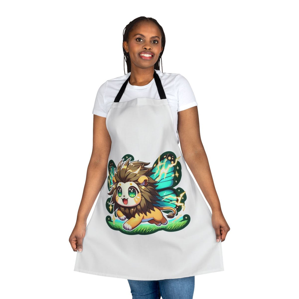 An electrifying apron featuring a legendary lion with butterfly wings, against a backdrop of lightning and fantasy elements.