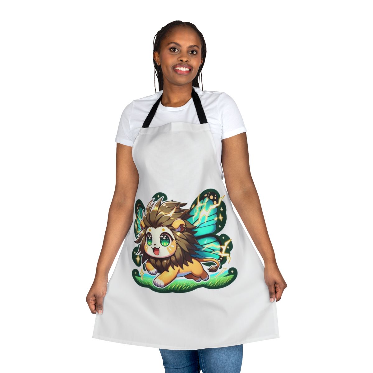 An electrifying apron featuring a legendary lion with butterfly wings, against a backdrop of lightning and fantasy elements.
