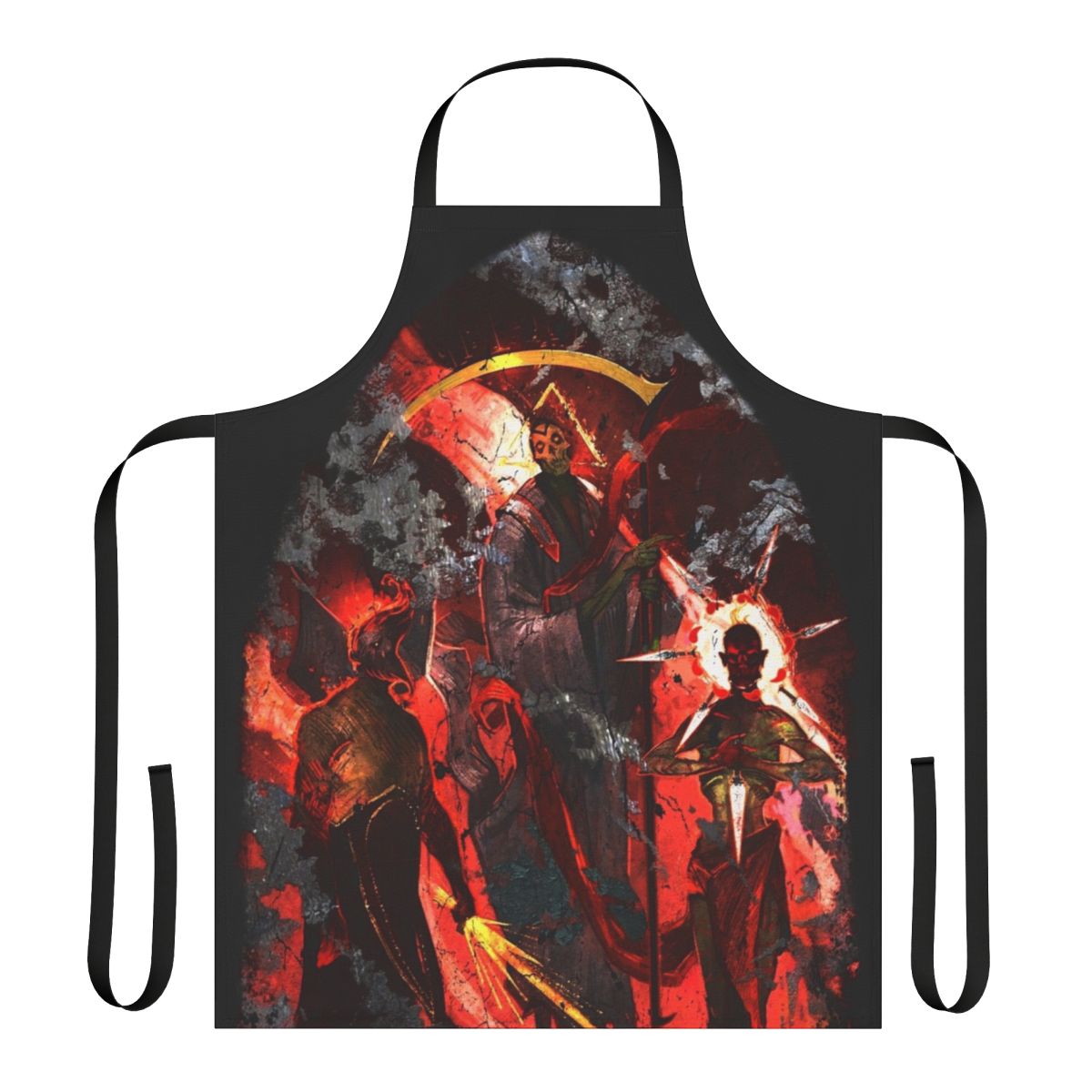 Fantasy apron featuring the Dead Three gods - Bhaal, Myrkul, and Bane - from the Baldur's Gate universe
