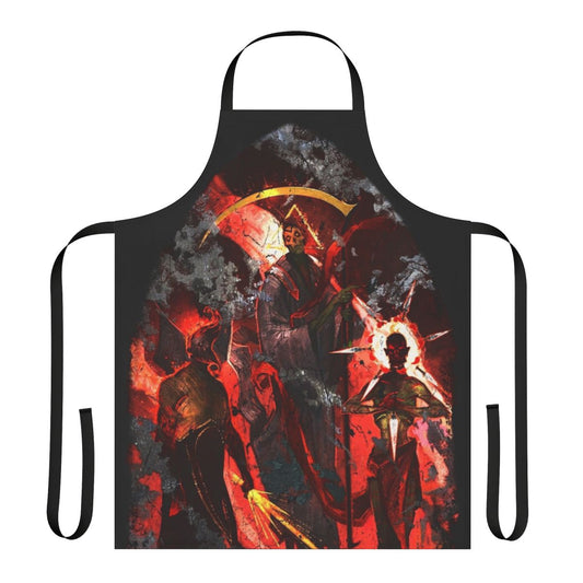 Fantasy apron featuring the Dead Three gods - Bhaal, Myrkul, and Bane - from the Baldur's Gate universe