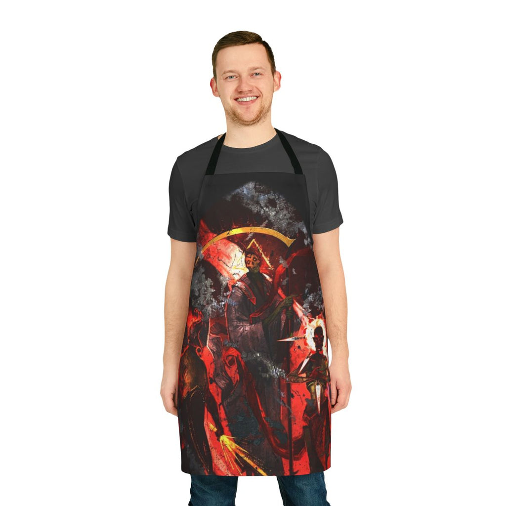 Fantasy apron featuring the Dead Three gods - Bhaal, Myrkul, and Bane - from the Baldur's Gate universe
