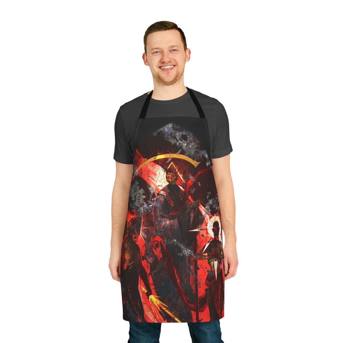 Fantasy apron featuring the Dead Three gods - Bhaal, Myrkul, and Bane - from the Baldur's Gate universe