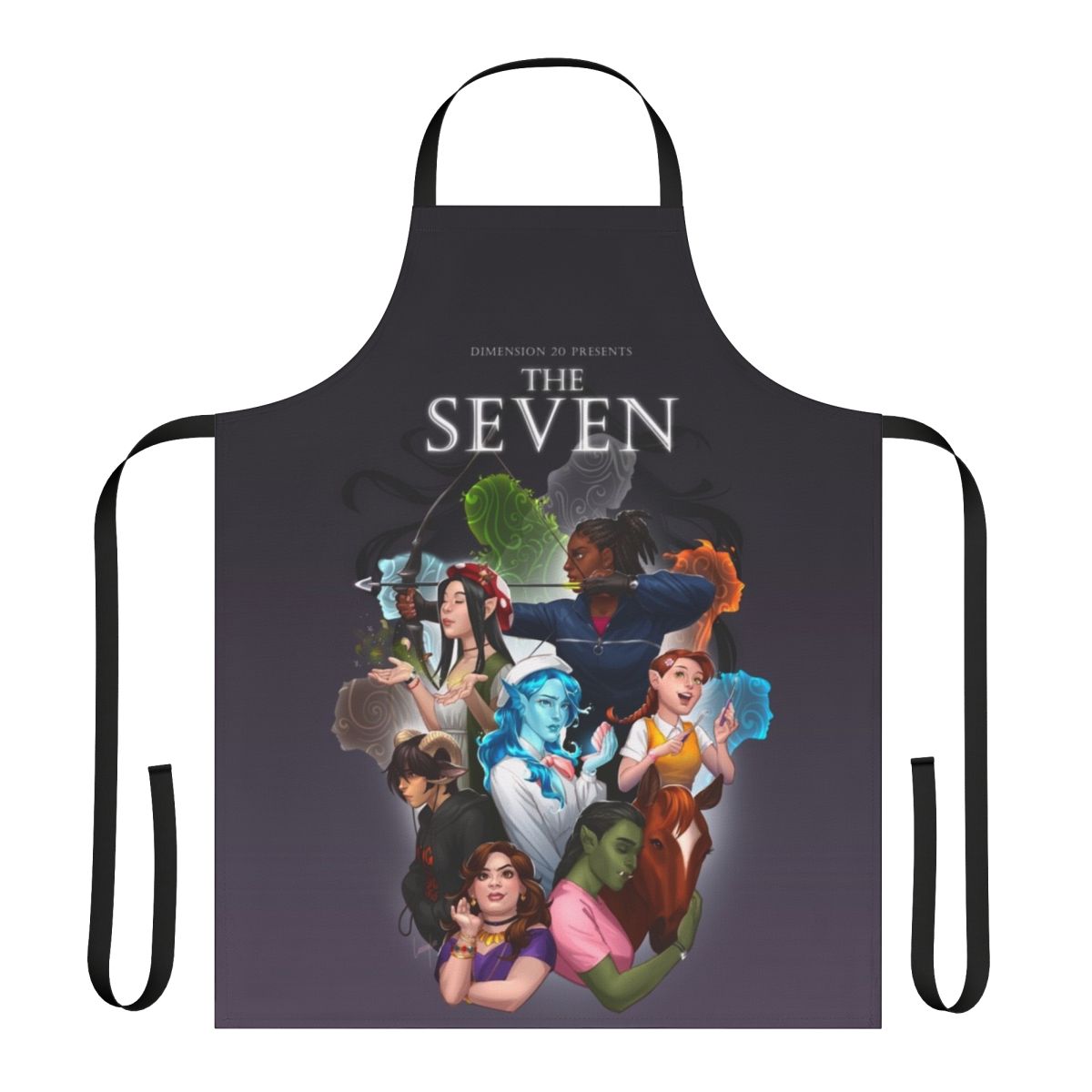 A colorful fantasy-themed apron inspired by The Seven Maidens from the Dimension20 series.