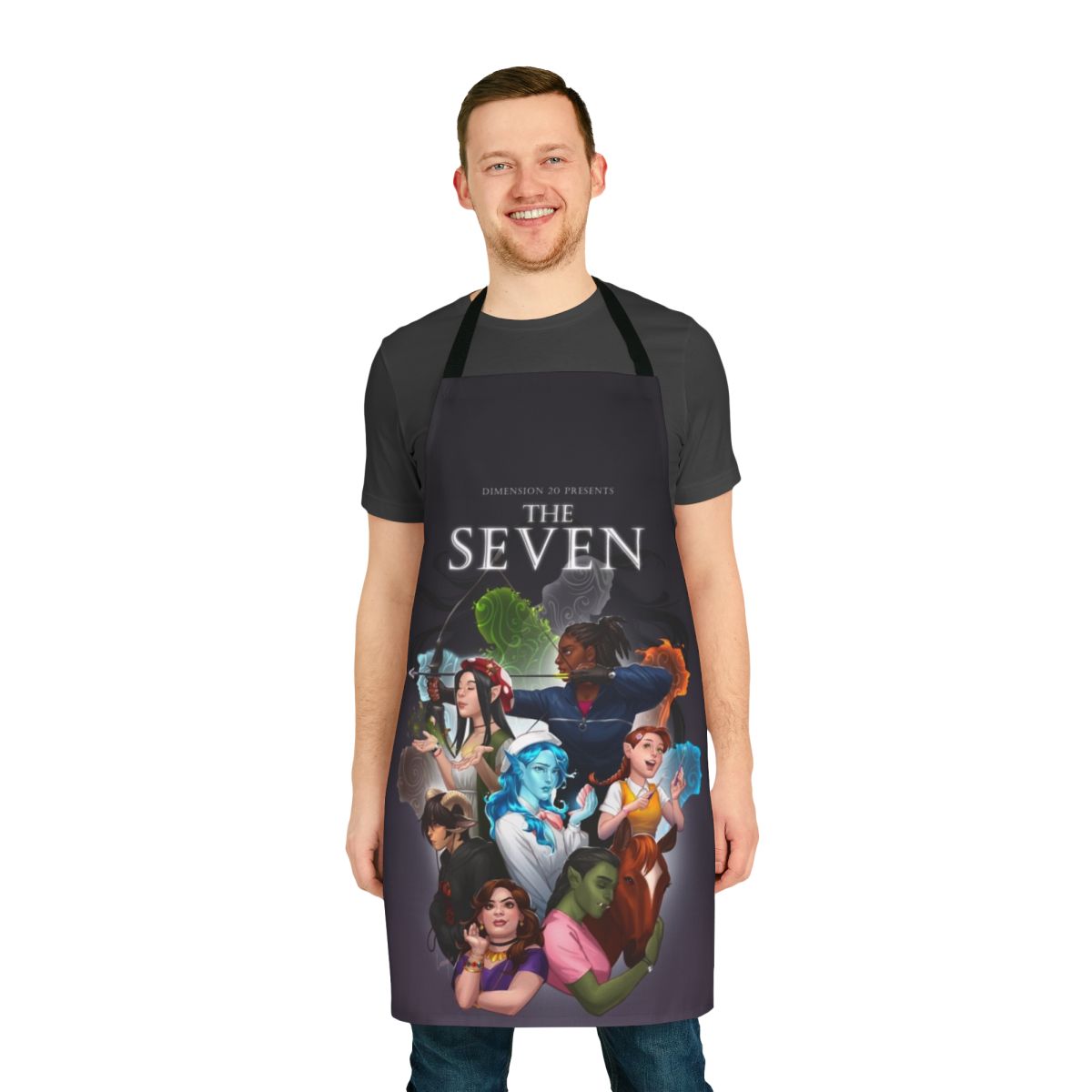 A colorful fantasy-themed apron inspired by The Seven Maidens from the Dimension20 series.