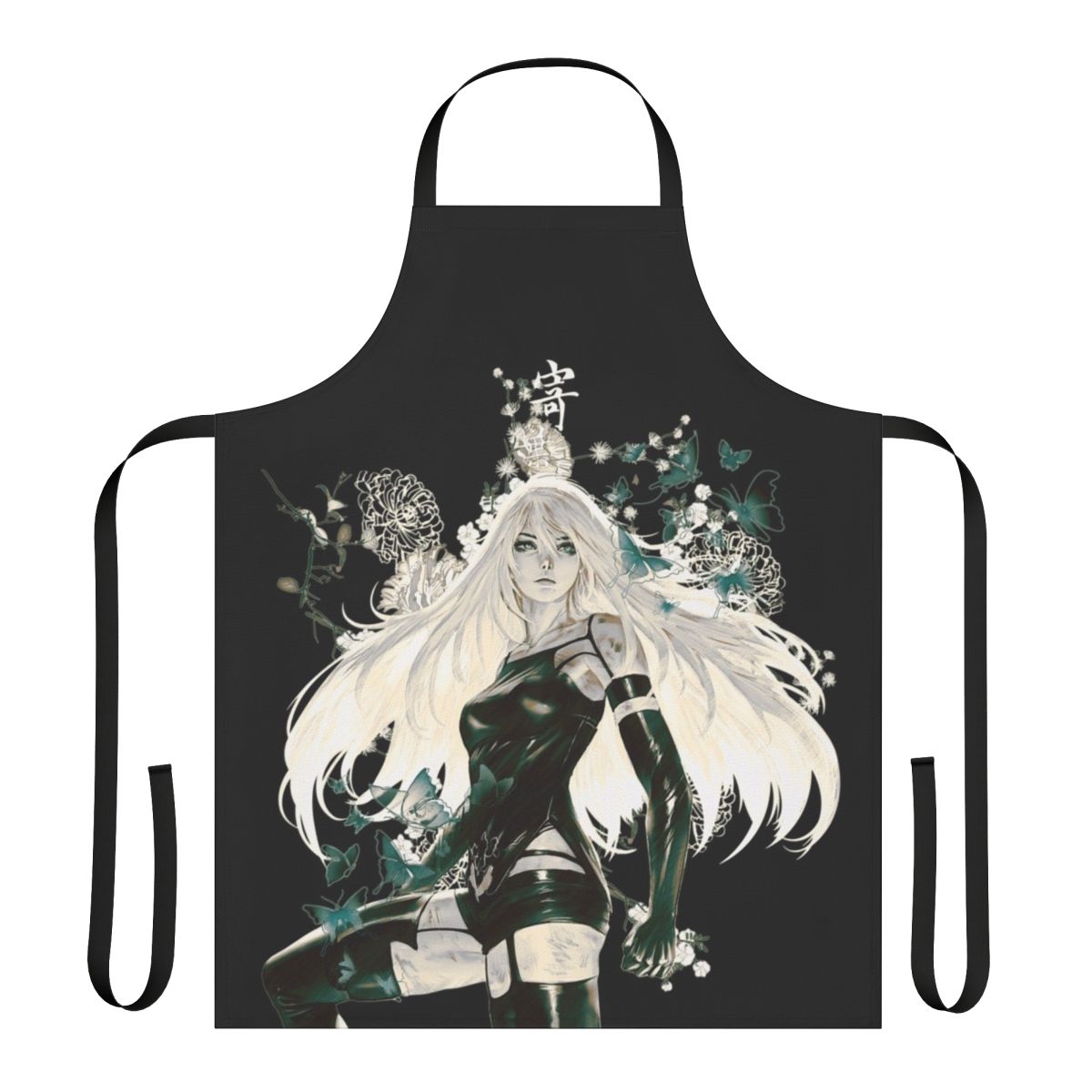 A fantasy-inspired apron featuring dark, anime-style butterflies and floral patterns.