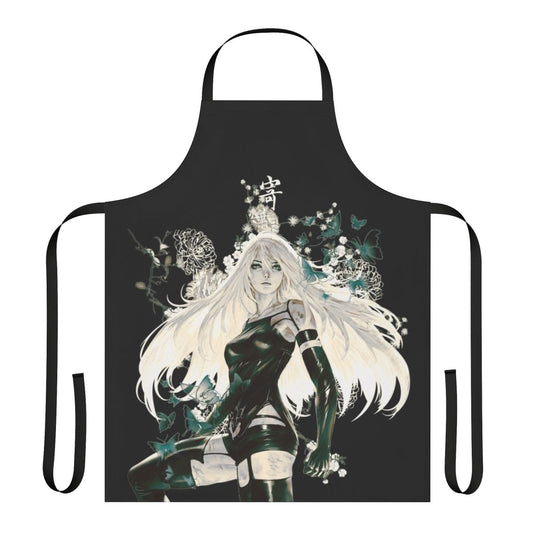 A fantasy-inspired apron featuring dark, anime-style butterflies and floral patterns.