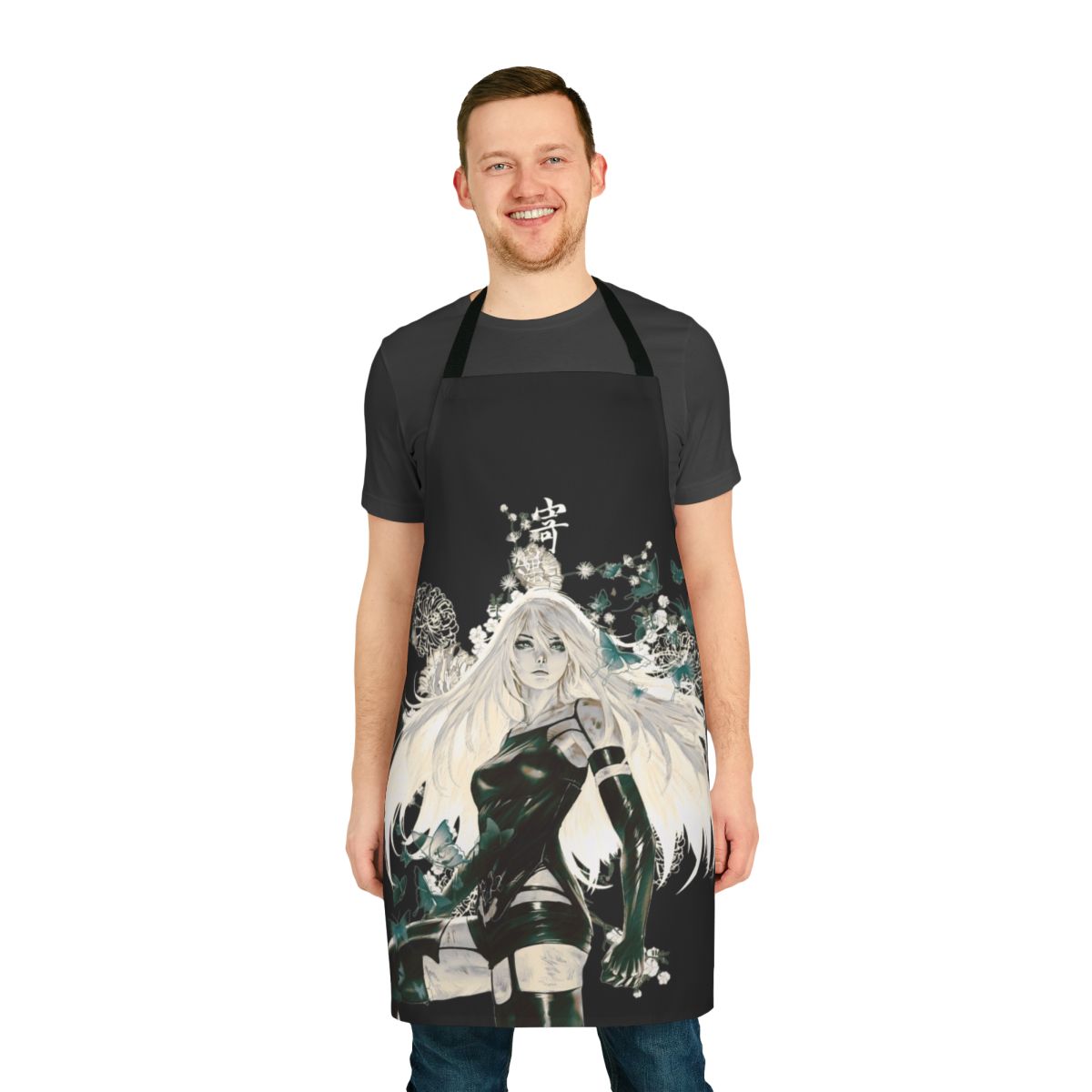 A fantasy-inspired apron featuring dark, anime-style butterflies and floral patterns.