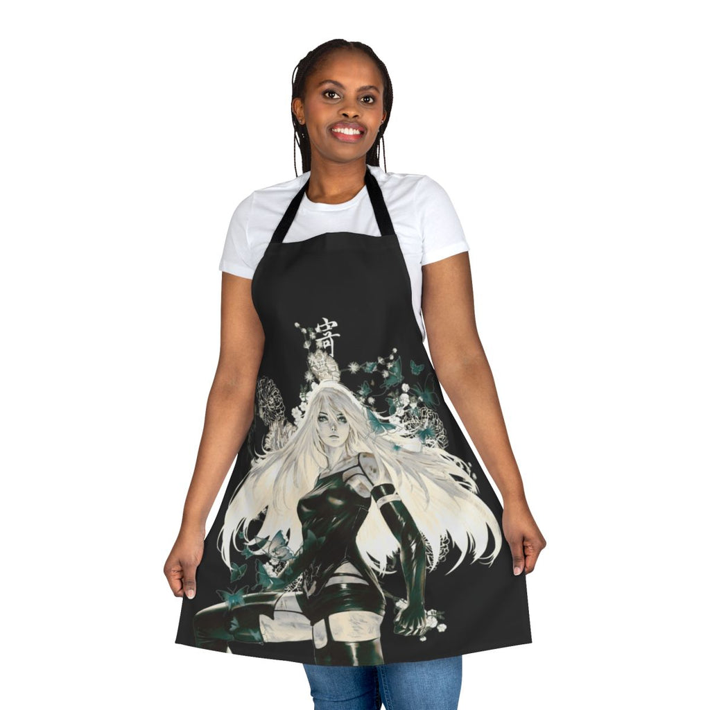 A fantasy-inspired apron featuring dark, anime-style butterflies and floral patterns.