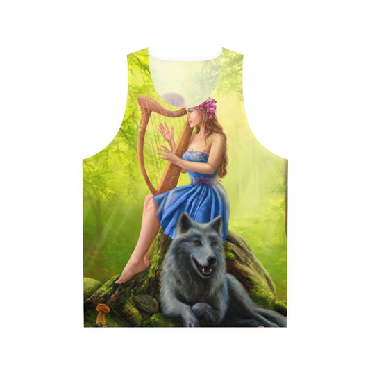 Fantasy illustration of a girl playing the harp in a magical forest