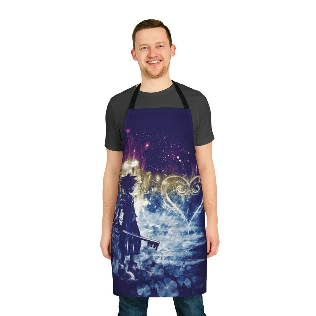 A stylized apron featuring a keyblade and heart design, inspired by the popular Kingdom Hearts video game franchise.