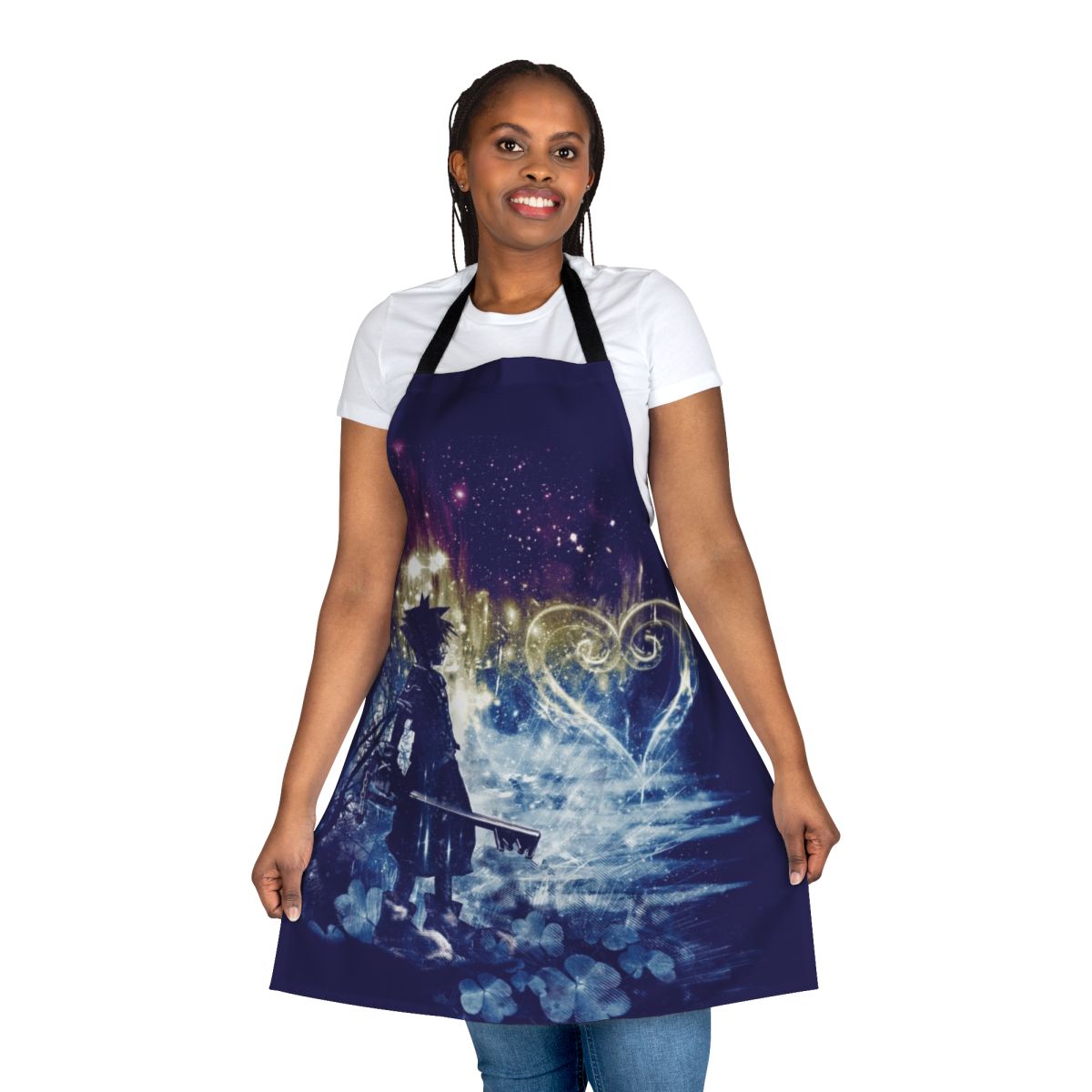 A stylized apron featuring a keyblade and heart design, inspired by the popular Kingdom Hearts video game franchise.