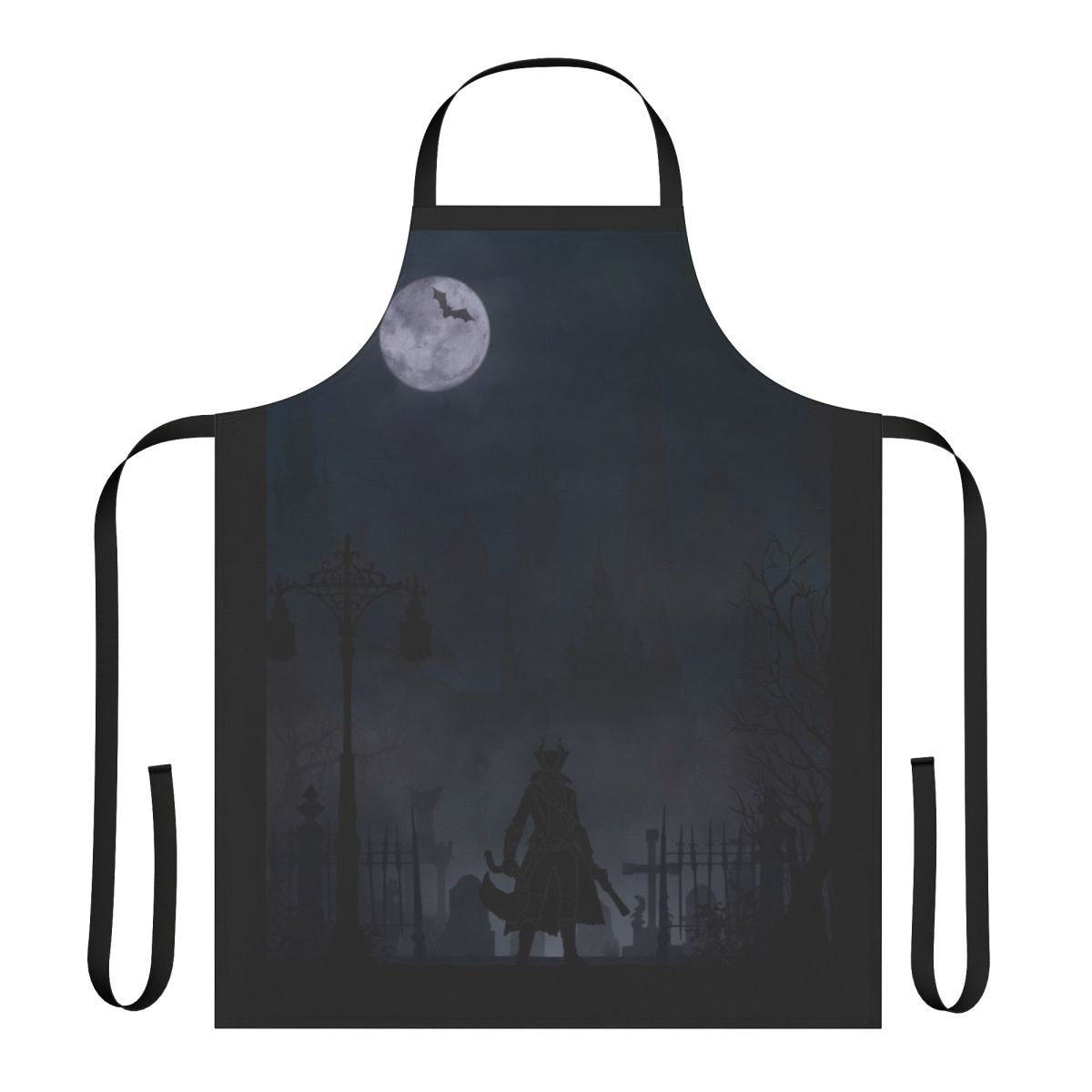 Fantasy inspired apron featuring warriors landscapes design, suitable for gamers and fans of Bloodborne and Dark Souls
