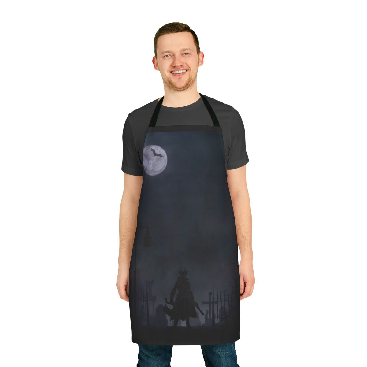 Fantasy inspired apron featuring warriors landscapes design, suitable for gamers and fans of Bloodborne and Dark Souls