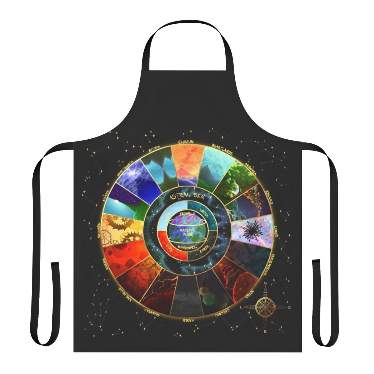 Fantasy map poster design printed on an adjustable apron for tabletop RPG enthusiasts.