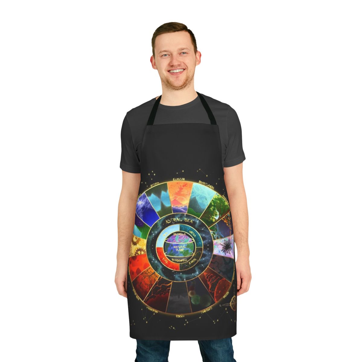 Fantasy map poster design printed on an adjustable apron for tabletop RPG enthusiasts.