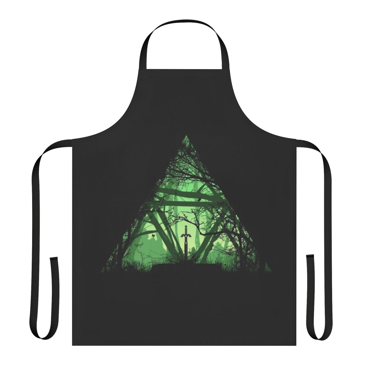 "Fantasy-themed apron with a sword in a forest landscape design"