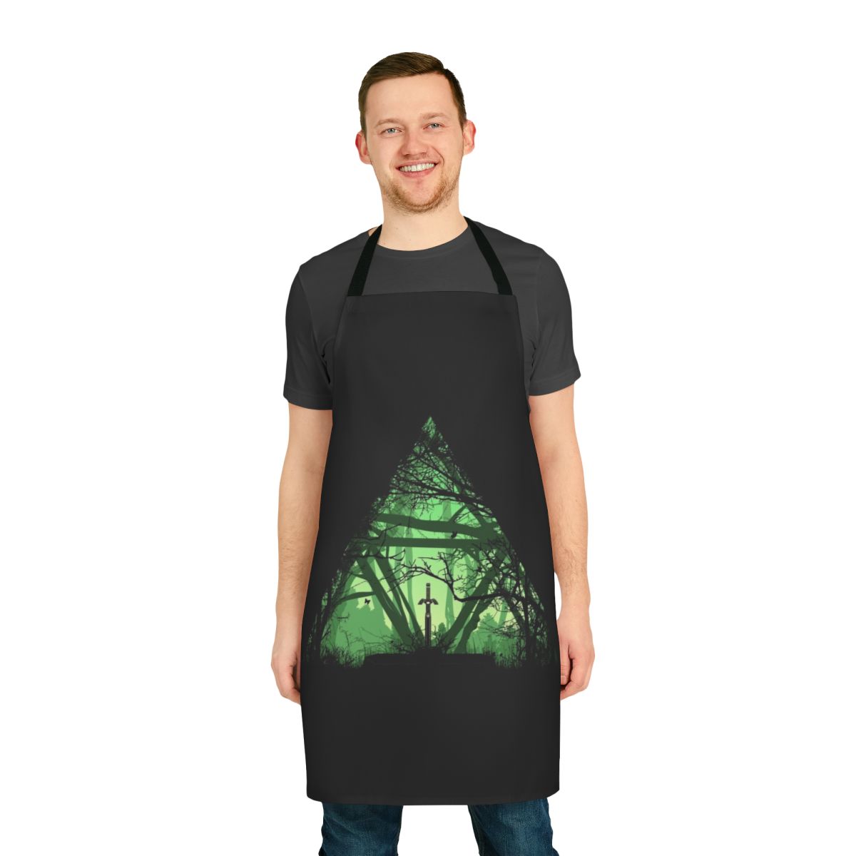 "Fantasy-themed apron with a sword in a forest landscape design"