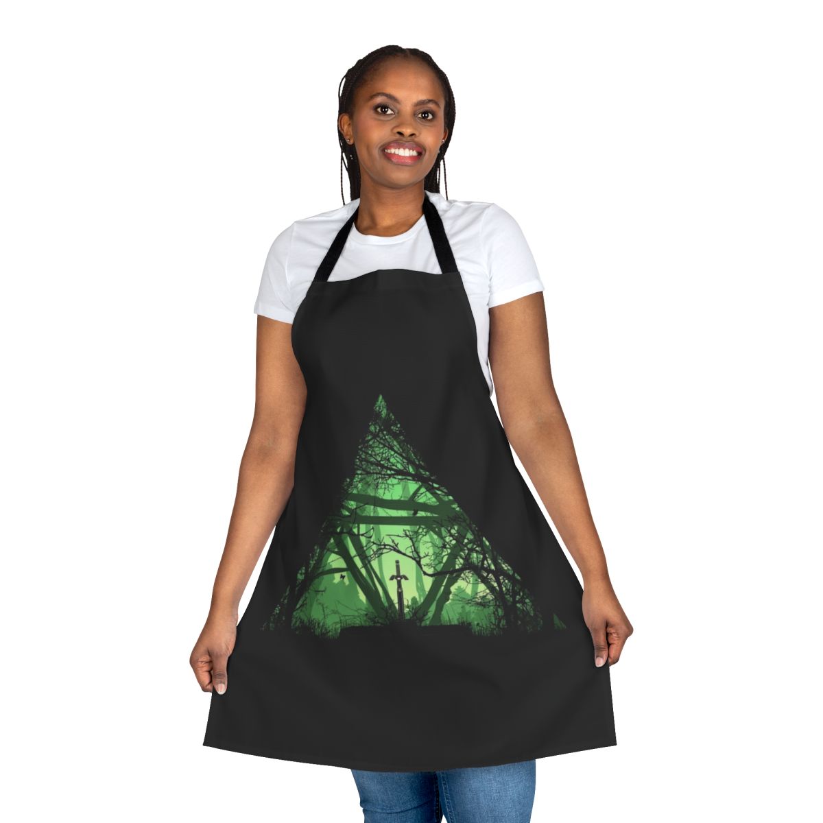 "Fantasy-themed apron with a sword in a forest landscape design"