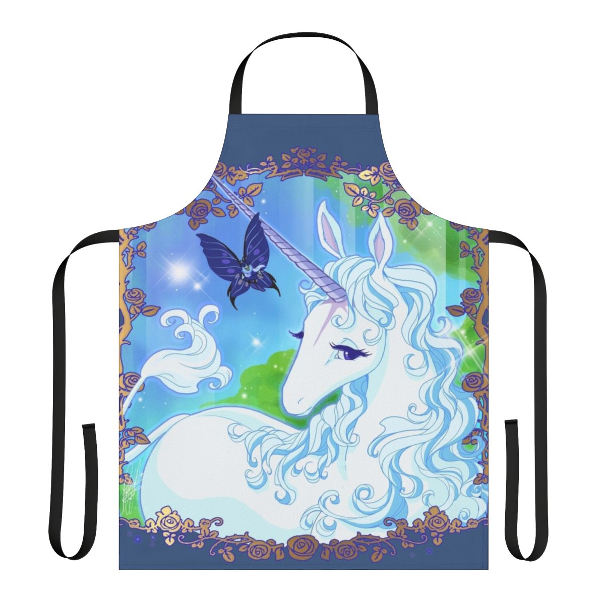 "A high-quality apron featuring a whimsical unicorn design, inspired by the classic fantasy film The Last Unicorn."