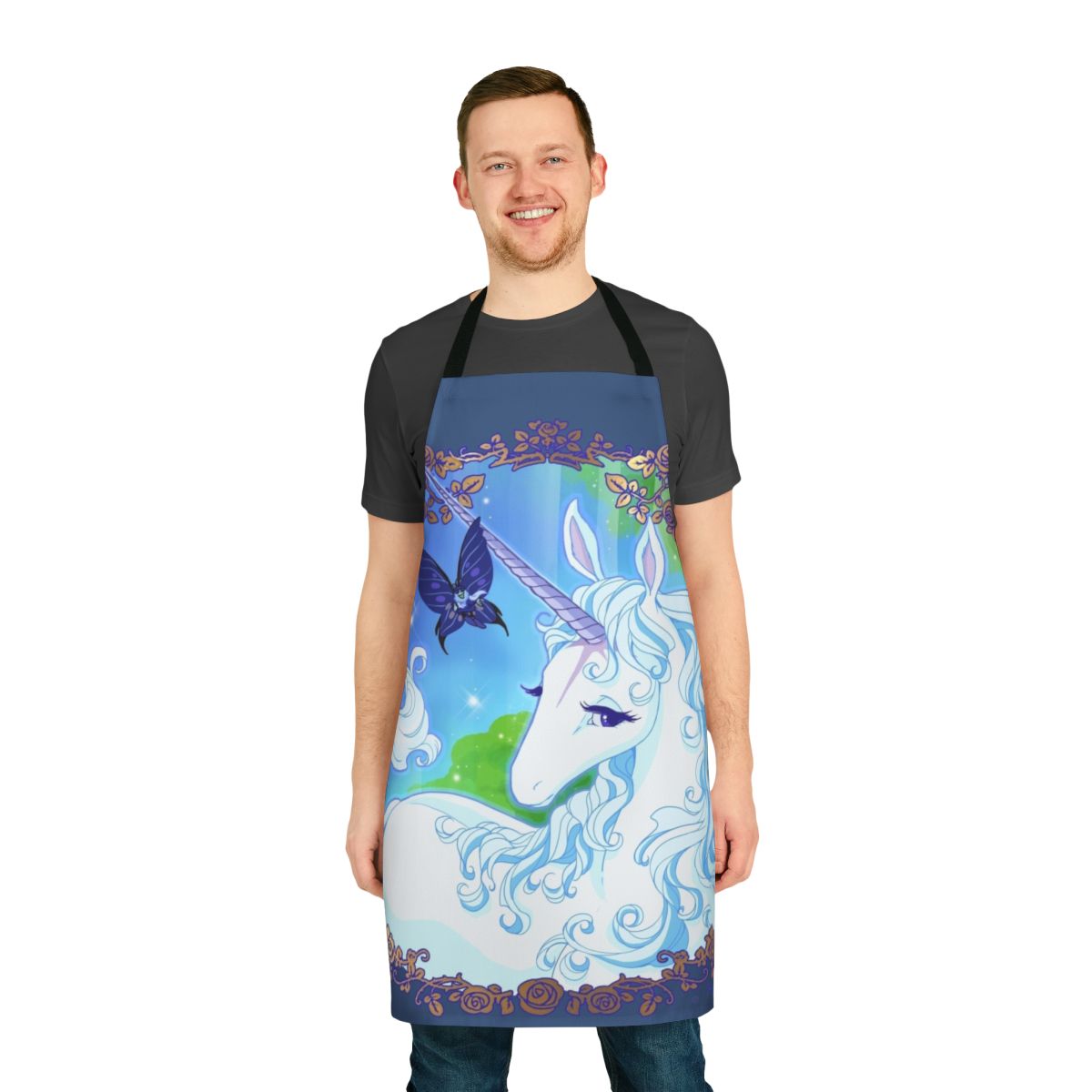 "A high-quality apron featuring a whimsical unicorn design, inspired by the classic fantasy film The Last Unicorn."