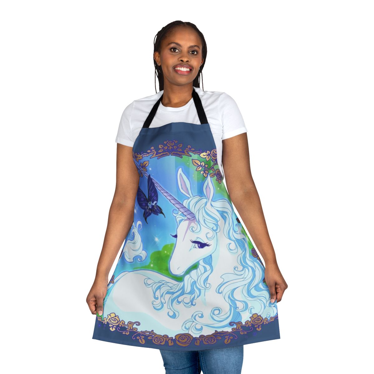 "A high-quality apron featuring a whimsical unicorn design, inspired by the classic fantasy film The Last Unicorn."