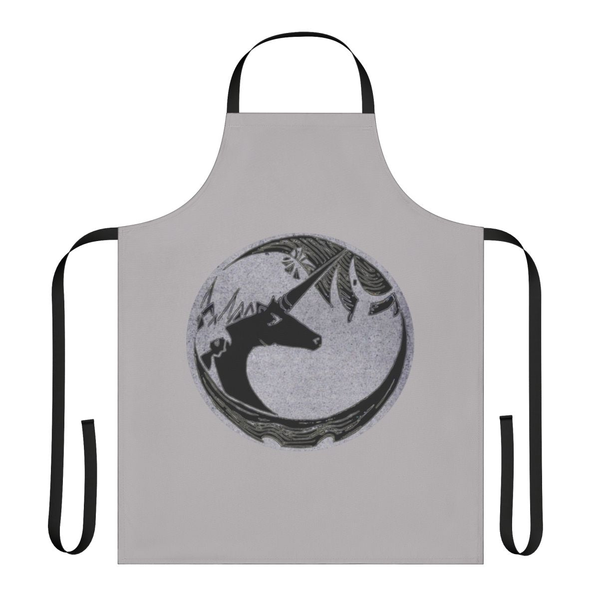 A vintage-style fantasy apron featuring a hand-carved unicorn design