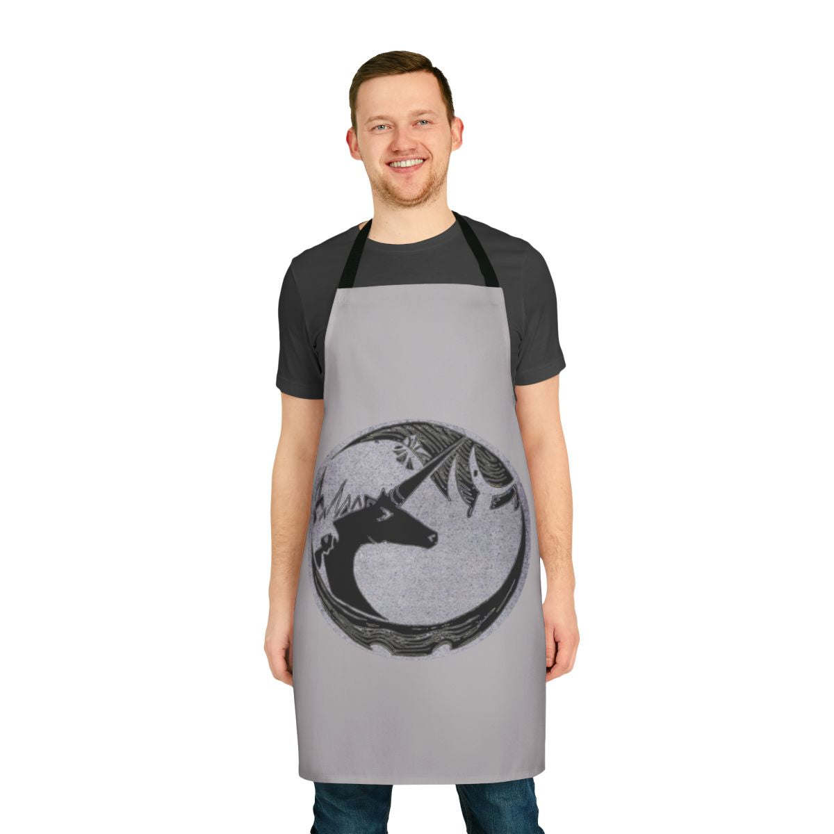 A vintage-style fantasy apron featuring a hand-carved unicorn design