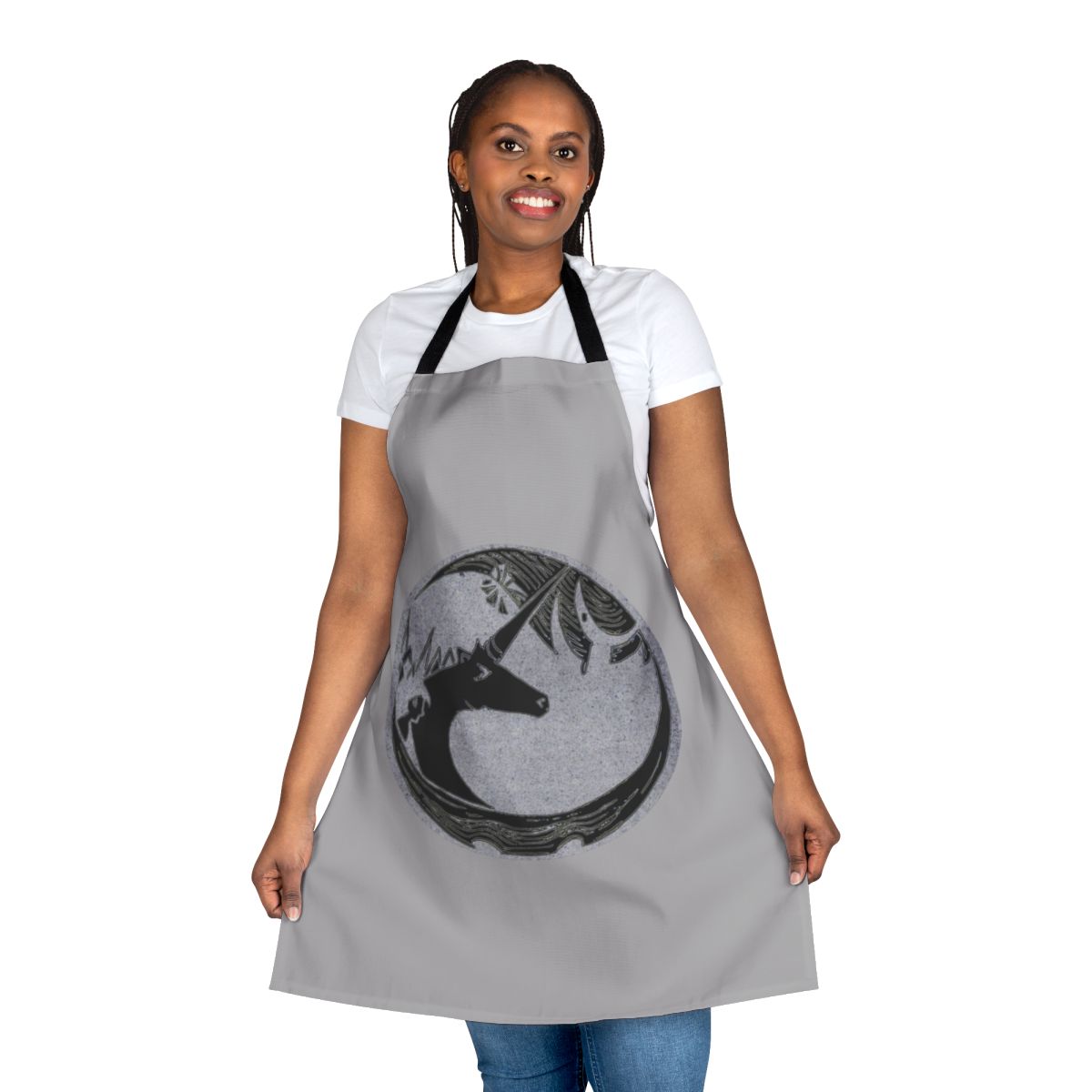 A vintage-style fantasy apron featuring a hand-carved unicorn design