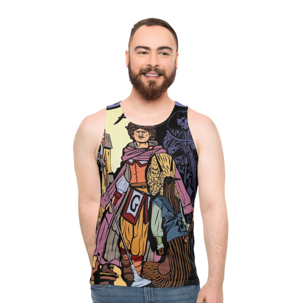 Unisex fantasy tank top with dragons and shadows design