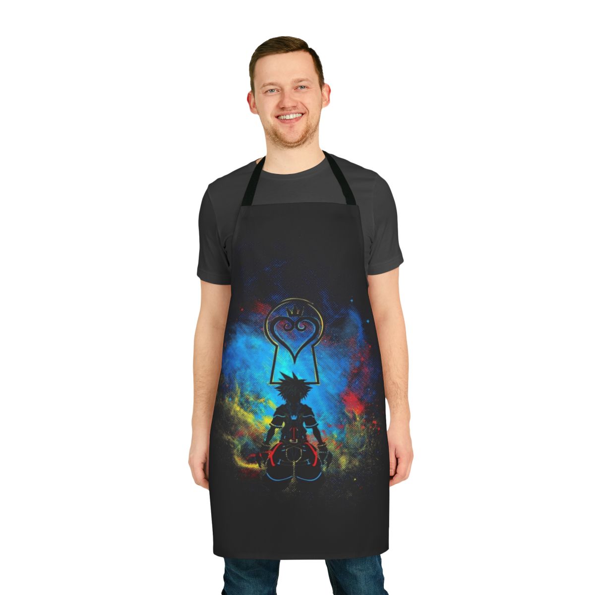 Fantasy video game inspired apron featuring Sora's keyblade and space design