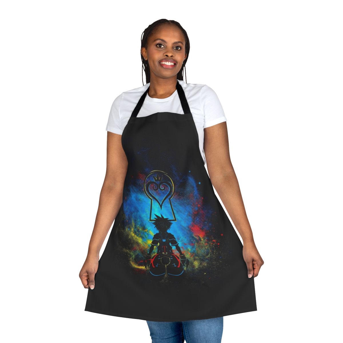 Fantasy video game inspired apron featuring Sora's keyblade and space design