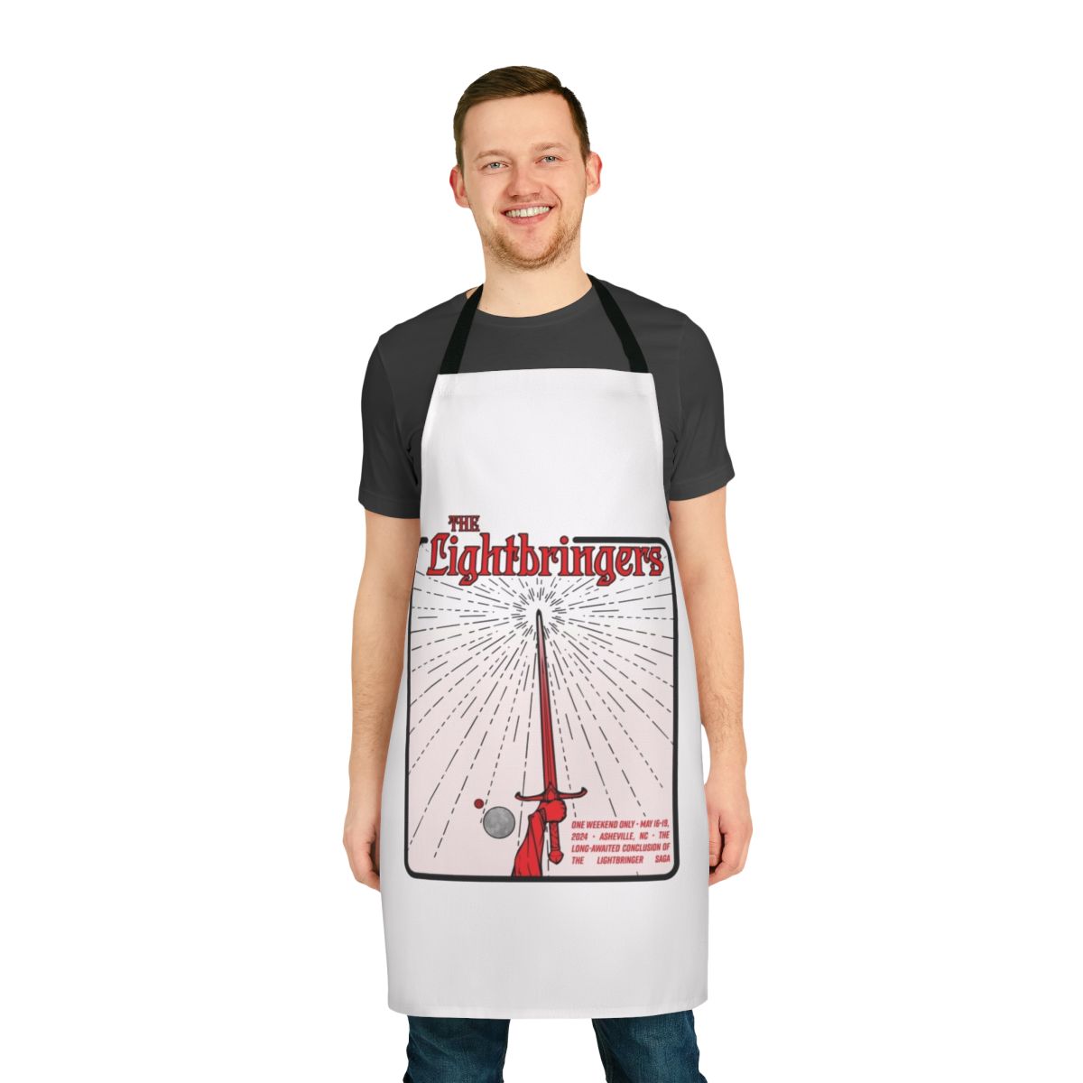 Farewell-themed white apron for cooking and baking, featuring a light bringer design
